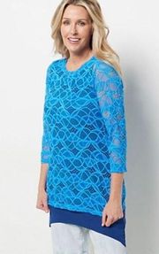 LOGO Layers Lace 3/4 Elbow Sleeve Top Ibiza Blue Large Tunic Sheer Vibrant NWT