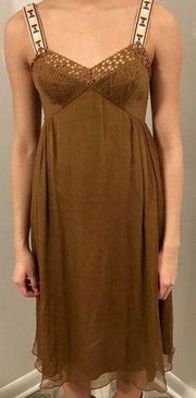 CATHERINE MALANDRINO Brown Silk Embroidered Trim Macrame Pleats Sundress Small 4