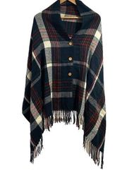 Plaid poncho like new button & fringe detail one size fits‎ most