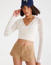 Wrap-Front Open-Knit Cropped Cardigan