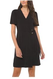 Black Jersey Knit Gold Ring Faux Wrap Dress