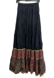 ZOLA Boho Round Bohemian Gypsy Tiered Black  Gold Trim Maxi Skirt