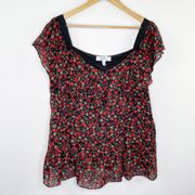 Libby Edelman Black Red Floral Print Ruffle Blouse Women's Size Large L