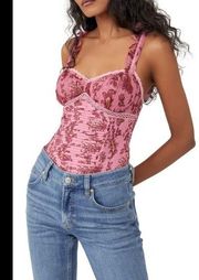 FREE PEOPLE Womens Small Weekend Plans Bodysuit In Hot Pink Combo Floral New