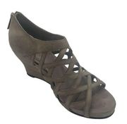 Eileen Fisher Taupe Gray Suede Peep Toe Cage Lattice Wedge Sandal Heels Size 7.5