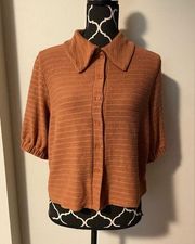 EUC Mojito Mango Orangish Brown Button Down Collar Striped Crop Top size large