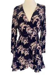 IRO PARIS BLACK XENA FLORAL RUFFLED WRAP MINI LONG SLEEVE DRESS SIZE 34 SMALL