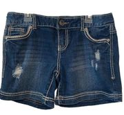 Maurices Denim Jean Shorts Size 3/4 Distressed Contrast Stitching Blue Dark Wash