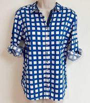 New York & Company stretch checkered button down top blue white medium