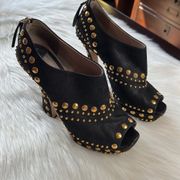 Miu Miu Black Suede Gold Studded Peep Toe Booties