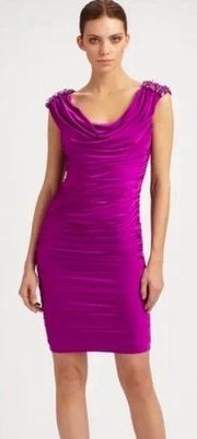 Tadashi Shoji Designer Beaded Shoulder Silk Purple Jersey Sheath Dress Size S