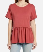 Caslon Floaty Peplum Jersey Top in Red Earth Short Sleeve T-Shirt Size XS