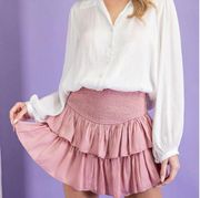 smocked ruffle mini skort in dusty pink