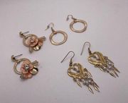 Lot Of 3 Costume Earrings Pierced Dangle Drop Dress up Gold Tone