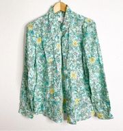 Charter Club Linen Luxury Blue Floral  Button Down Spring Summer Small