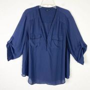 Navy Blue Roll Tab Sleeve Button Up Blouse Top Shirt Size 2X