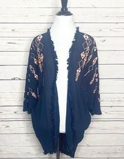 Jolt Navy Blue & Pink Embroidered Boho Geometric Open Front Kimono Size Medium