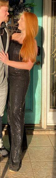 Black sequin/feather Strapless Jumpsuit