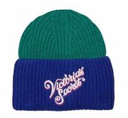 Victoria's Secret Beanie Hat Cap Knitted Winter Colorblock Cursive Logo