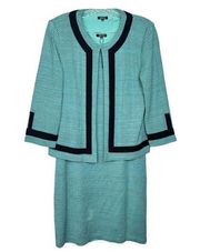 Misook 2 Piece Sheath Sleeveless Knit Dress Jacket Set L Teal Green Black Check