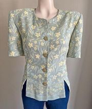 VINTAGE 90’s Leslie Fay green and yellow floral gold button retro blouse