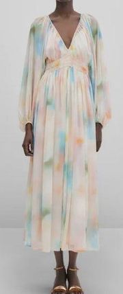 Studio Balloon Sleeve V-Neck Watercolor Maxi Dress Size XS NWT