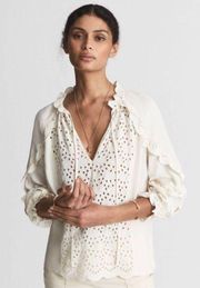 REISS Flora Broderie Scalloped Sleeves Ivory Cream Top Blouse 4