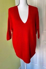 Oversized 3/4 Sleeve V Neck Sweater Red Small