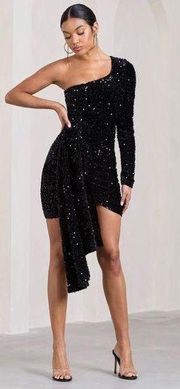 Club L London Lorena Black Sequin One Shoulder Draped Dress size 4