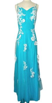 New Formal Sky Blue Flower Floral Lace Overlay Mesh Prom Wedding Gown Maxi Dress