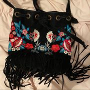 embroidered fringe bucket bag