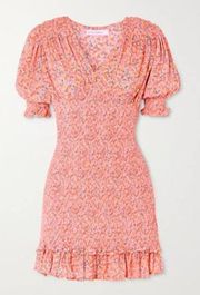 Faithfull the Brand Margherita "Mathiola Floral" Pink Smocked Mini Dress Size 6