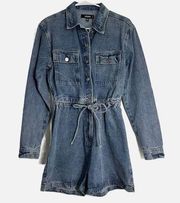 Missguided Denim Long Sleeve Shorts Belted Romper Women’s Size 4