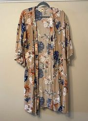 Kori Small Floral Tan Kimono Side Slit Excellent Condition