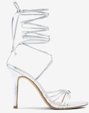 Metallic Silver Strappy Lace Up Heels Sandals