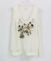 Charter Club Womens Tank Top Ivory Brown Scoop Sequined Smocked Petites