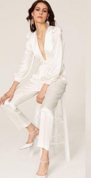 Ieena for Mac Duggal Long Sleeve Ruched Plunging Neck Satin Jumpsuit