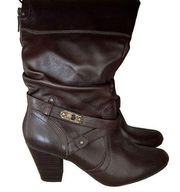 White Mountain Womens Brown Size 9.5 Zip Up Gold Buckle High Heel Fashion Boots