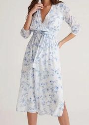 Bella Dahl Cross Front Belted Maxi Dress Indigo Floral Blue White S NWT