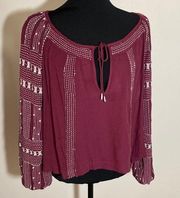 Free People  Jess Embellished peasant top balloon Sleeves Beaded BoHo Small