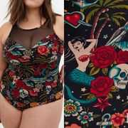 Torrid Wireless Mesh High Neck One Piece Swimsuit Tattoo Skull Retro Punk Print