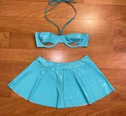 Neon Blue Vinyl Skirt & Cutout Bra Top Rave Set