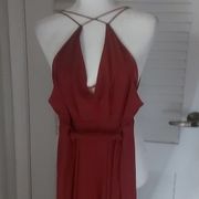 Luxxel Keyhole Front Elastic Strapped Burgundy Belted Leg Slits Jumpsuit Sz M