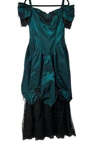 Alfred Angelo 80’s Teal Black Lace Flounced Elegant Formal Dress