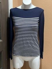 The limited navy blue striped long sleeve blouse