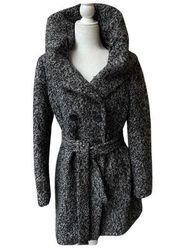 Calvin Klein Gray Marled Wool Hooded Winter Coat Shawl Collar Fabric Belt sz 10