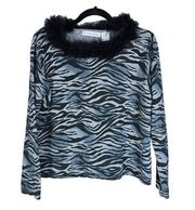 Vintage Victoria Jones Women Large Gray Zebra Animal Print Knit Maribou Feather