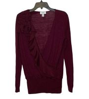 Ann Taylor Loft Wrap Sweater Size Medium Burgundy Womens Wool Blend LS Knit