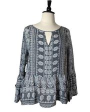 Como Vintage Top Ruffle Hem Sleeves V-neck Boho Gray Batik Print Women’s Size XL