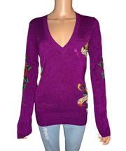 Rhinestone Hearts And Skull V Neck Sweater